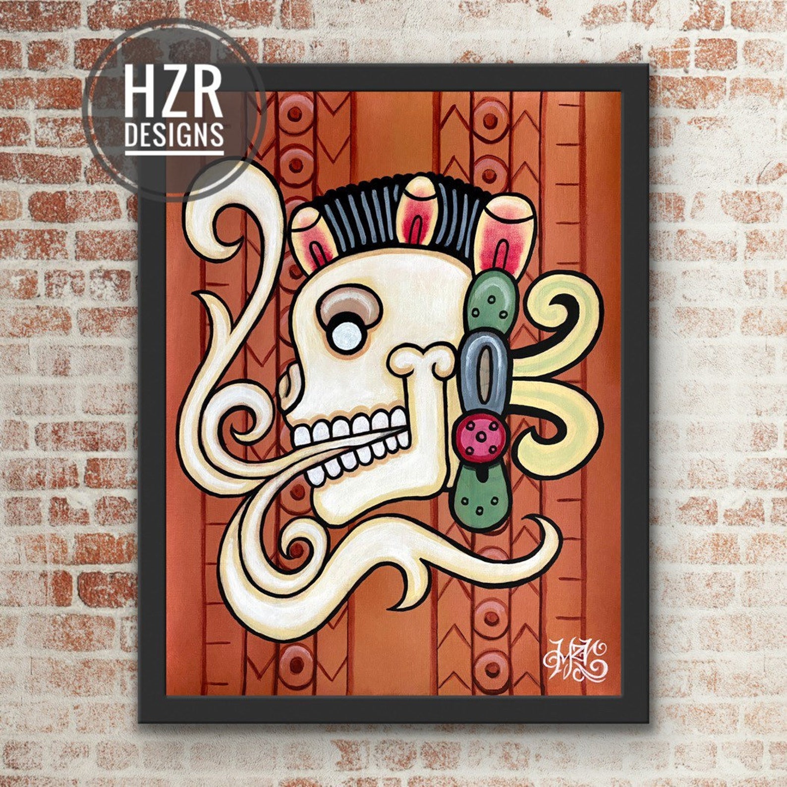 Mayan Skull Art Framed Poster Mayan Wall Art Decor Mexican Etsy