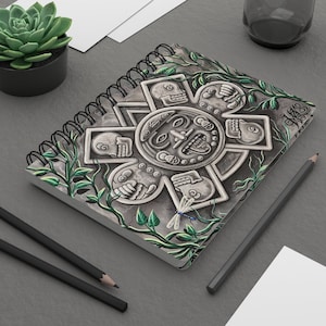 Aztec Sun Spiral Notebook – Tribal Stone Calendar Design, Mesoamerican Art Journal, Lined Pages, Unique Gift