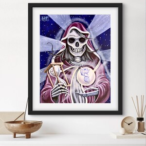 Santa Muerte Kunstdruck – Heilige Todesgöttin Poster – Sanduhr & Erde – Dunkle spirituelle Wandkunst – Gothic Mexikanische Volkskunst – HZR Designs