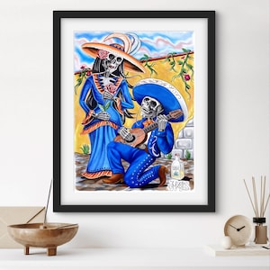 Day of the Dead Art Print, Dia De Los Muertos Poster, Chicano Wall Art, Mexican Skeleton Couple, Mariachi Serenata Calavera Art
