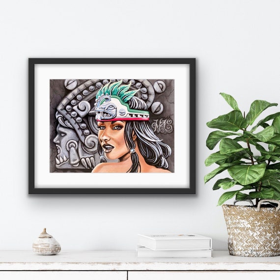 Aztec Warrior Skull Mask Native Indian Mexican Art Print by