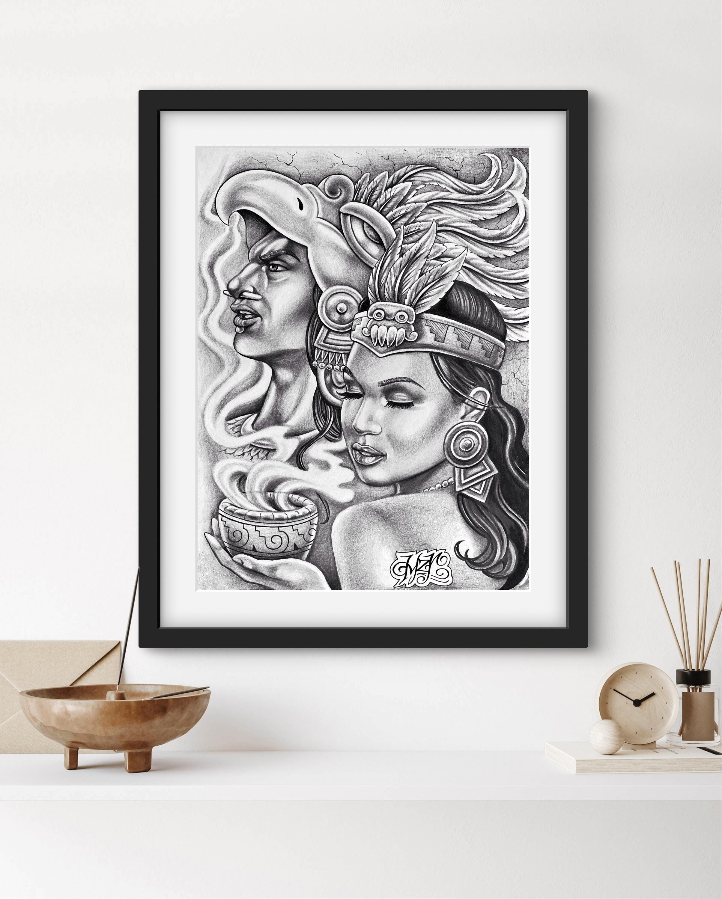 Aztec Queen and King Poster Print – Chicano Art Style | Indigenous Mesoamerican Wall Art | Black and White Tribal Drawing