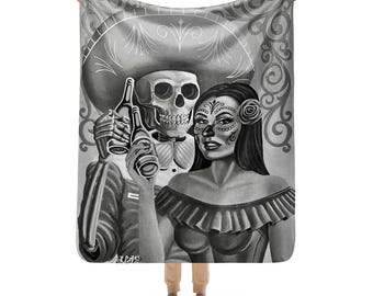 Day of the Dead Sherpa Blanket, Sugar Skull Couple, Gothic Home Decor