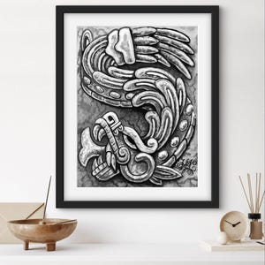 Aztec Quetzalcoatl Poster Print - Black & White Mesoamerican Art - Mythical Serpent Wall Decor - Ancient Mexican Culture Artwork