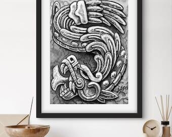 Aztec Quetzalcoatl Poster Print - Black & White Mesoamerican Art - Mythical Serpent Wall Decor - Ancient Mexican Culture Artwork