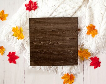 Fall Wood Sign Mock up, Square Unframed Sign 12" x 12" Espresso Stained Sign, Autumn Lifestyle Mock Up