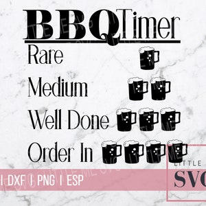 May include: Black and white graphic design with the text "BBQTimer" and a series of beer mugs representing different levels of doneness for meat: Rare, Medium, Well Done, and Order In.