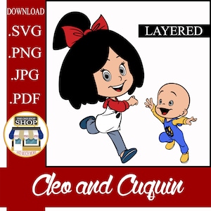 May include: A digital illustration of two cartoon characters, Cleo and Cuquin, running towards each other. Cleo is a girl with black hair and a red bow. Cuquin is a boy with a bald head. The image is in a layered format, suitable for digital cutting.