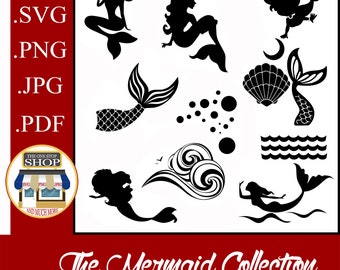 May include: A collection of black and white mermaid silhouettes, including a mermaid with a crown, a mermaid with bubbles, a mermaid with a seashell, a mermaid tail, a mermaid swimming in waves, and a mermaid with a crescent moon. The text "The Mermaid Collection" is at the bottom of the image.