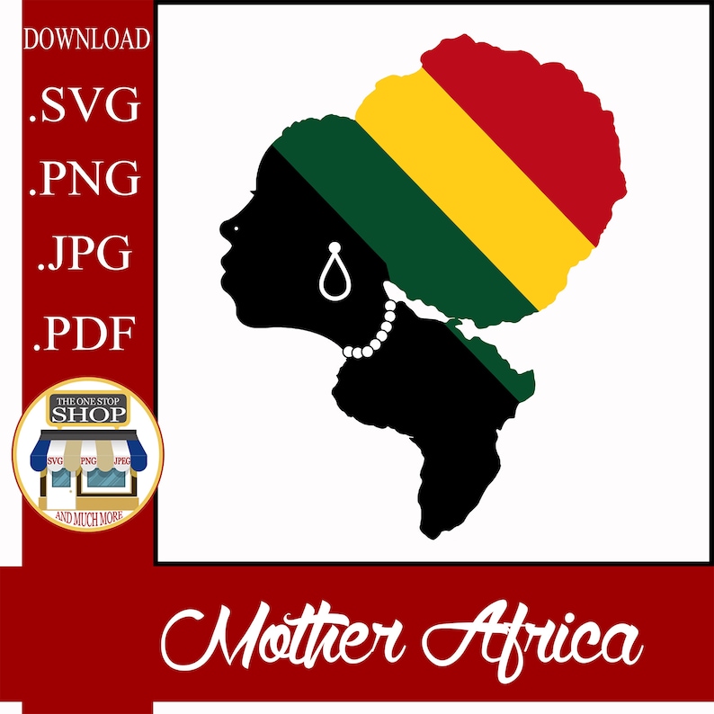 May include: A black silhouette of a woman's head with a red, yellow, and green afro representing the colors of the Pan-African flag. The silhouette is shaped like the continent of Africa. The text "Mother Africa" is written in white cursive at the bottom of the image.