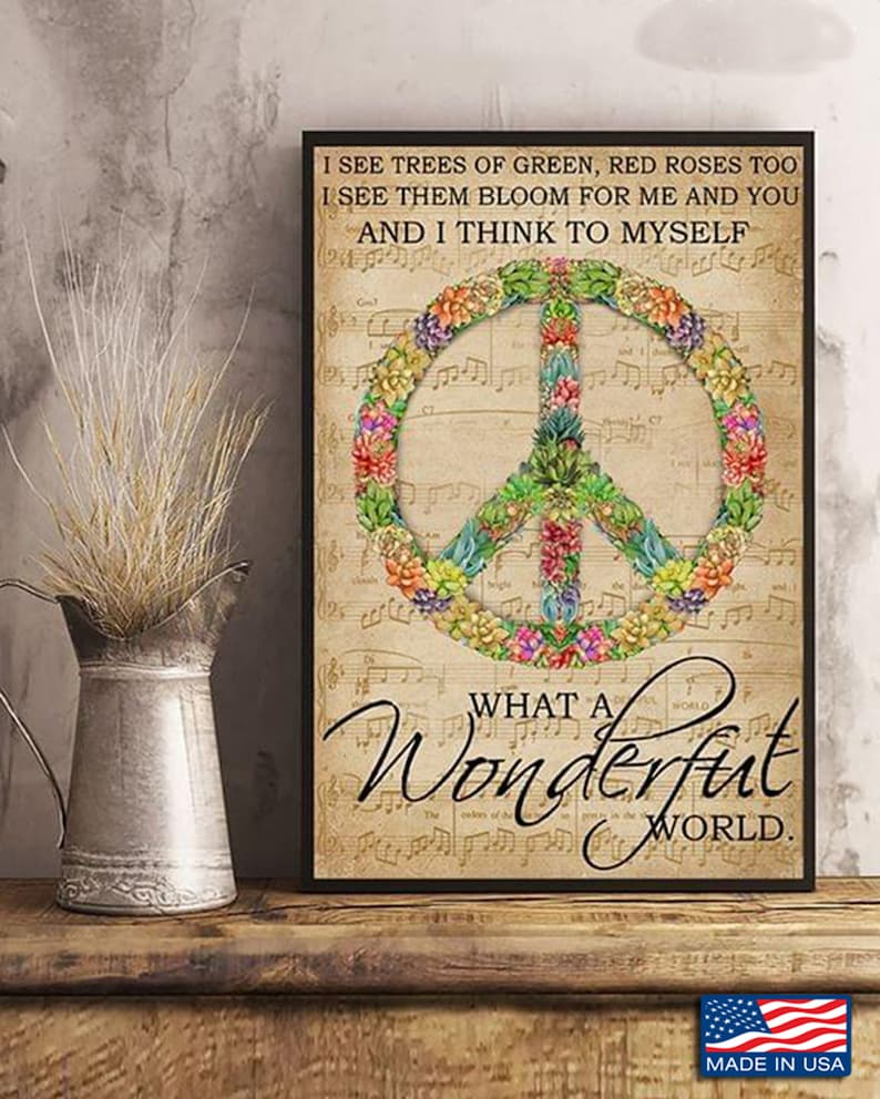 Vintage Sheet Music Theme Succulent Hippie Peace Sign I See Trees Of Green Red Roses Too,Hippie Wall Decor Gifts No Frame Hippie Poster