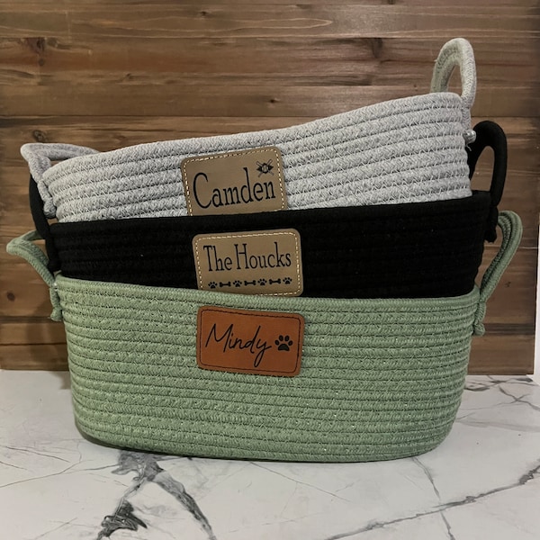 Personalized dog toy storage basket - dog treat storage basket - woven braided rope with engraved leatherette patch and handles