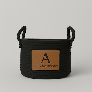 Personalized Woven Basket: Engraved Leatherette Patch, Entryway Organizer