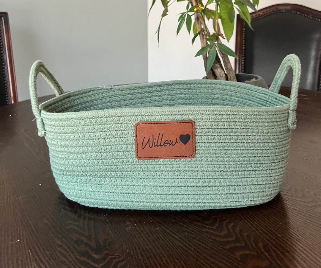 Personalized Storage Basket Woven Cord Rope With Engraved Leatherette