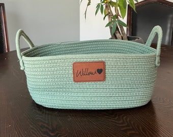 Personalized storage basket - woven cord rope with engraved leatherette vegan leather patch - gift basket for Mom