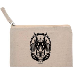 Zipper pouch/purse with doberman wearing headphones design UV printed washable - dog gift, funny doberman