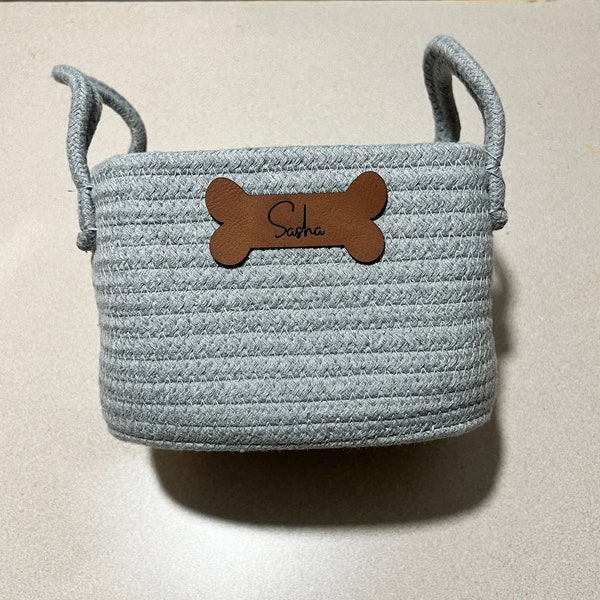Personalized Small Dog Treat storage basket corded with handles and custom vegan leather bone shaped patch
