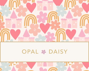 May include: A seamless pattern featuring pink, peach, and blue flowers, hearts, rainbows, and castles. The text "OPAL * DAISY" is centered at the bottom of the image.