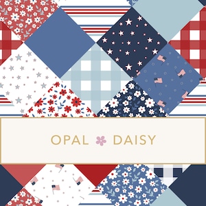 Könnte beinhalten: Ein Patchwork-Quilt-Design in den Farben Rot, Weiß und Blau. Das Design umfasst Gingham, Sterne und Blumenmuster. Der Text "OPAL * DAISY" befindet sich in der Mitte des Bildes.