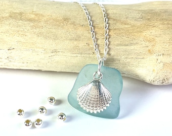 Sterling Silver Sea Glass Necklace, Shell Charm, Beach Jewellery