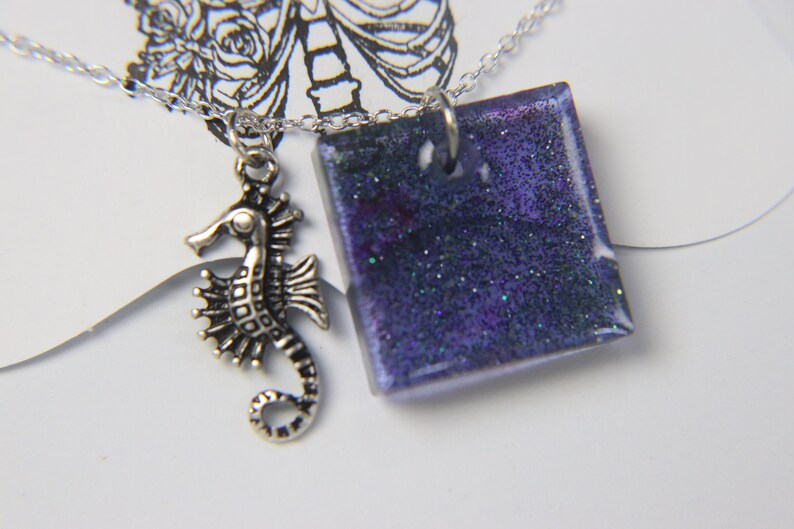 Seahorse Ocean Blue and Purple Resin Charm Pendant Necklace