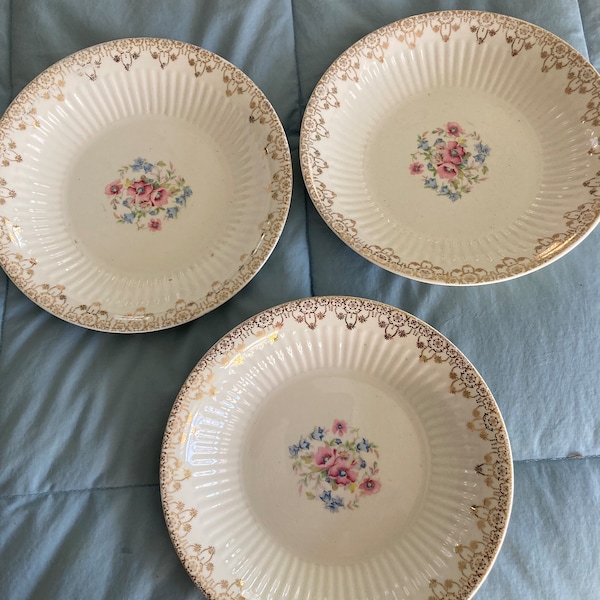 Three Vintage Dishes - Bowls with 22 Carat Gold Trim and Pink Flowers - National Brotherhood Operative Potters Royal Bowls