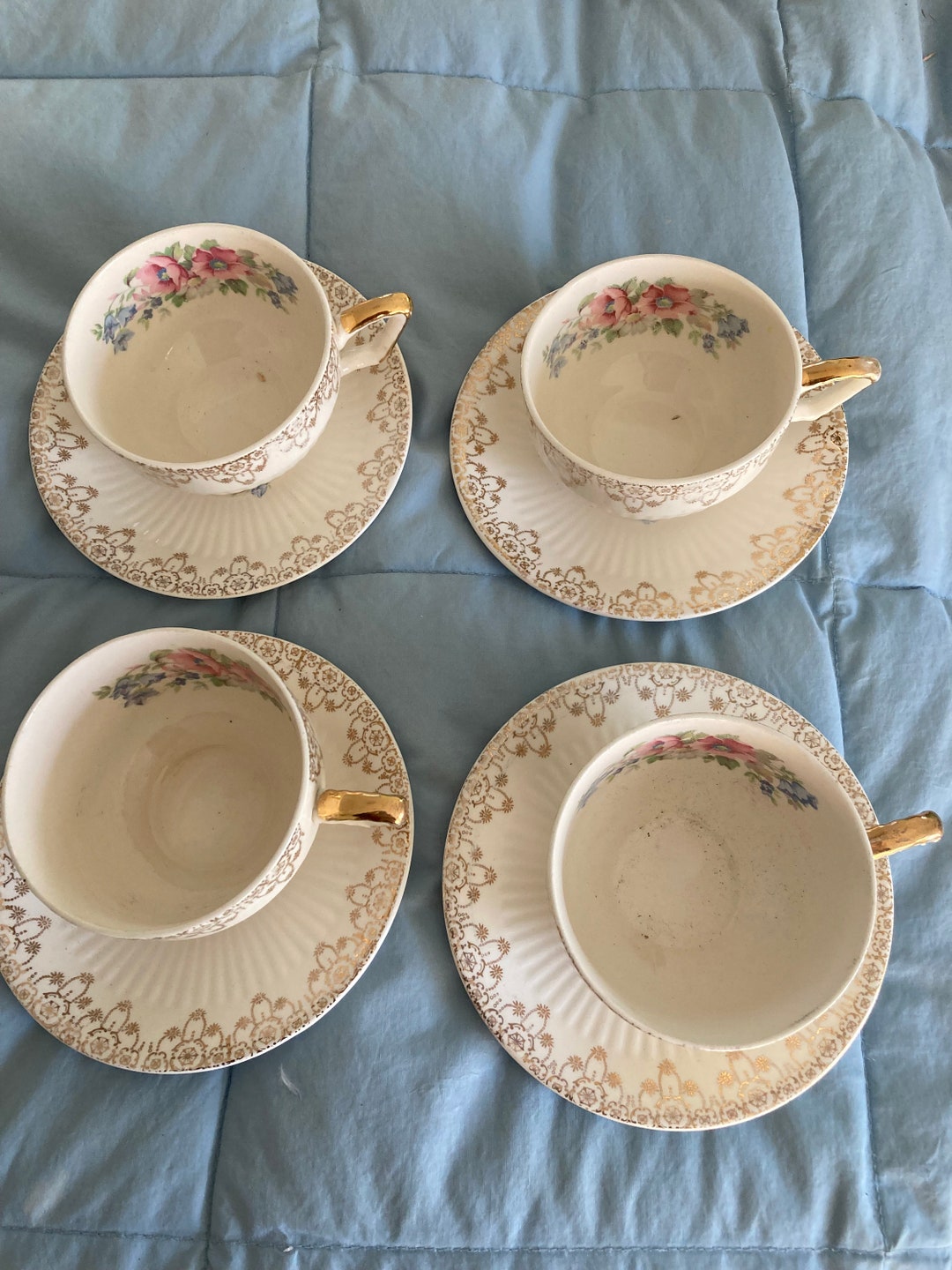 Vintage Dishes With Gold Trim Four Cups and Saucers Pink Flowered Cups