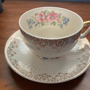 Vintage Teacup and Saucer - Pink Flowered Cup and Saucer with Gold Trim - National Brotherhood Operatives Potters in Royal Pattern