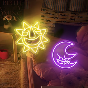 Soul Sun and Moon LED Neon Sign| Half Moon Face Light| Evil Sun Anime Inspired Handmde Neon Sign| Back to School Gifts