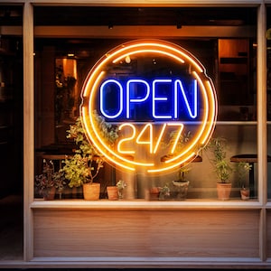 May include: A neon sign with an orange circle and blue text that reads "OPEN 24/7". The sign is in a storefront window with plants in pots in front of it.