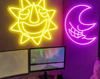 Soul Sun and Moon LED Neon Sign| Half Moon Face Light| Evil Sun Anime Inspired Handmde Neon Sign| Back to School Gifts,Neon Light