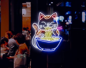 Fortune Ramen Cat Neon Sign | Anime Lucky Cat Japanese Noodles Neon Light Wall Decor| Ramen Japanese Neon|Noodles Anime LED Neon Sign