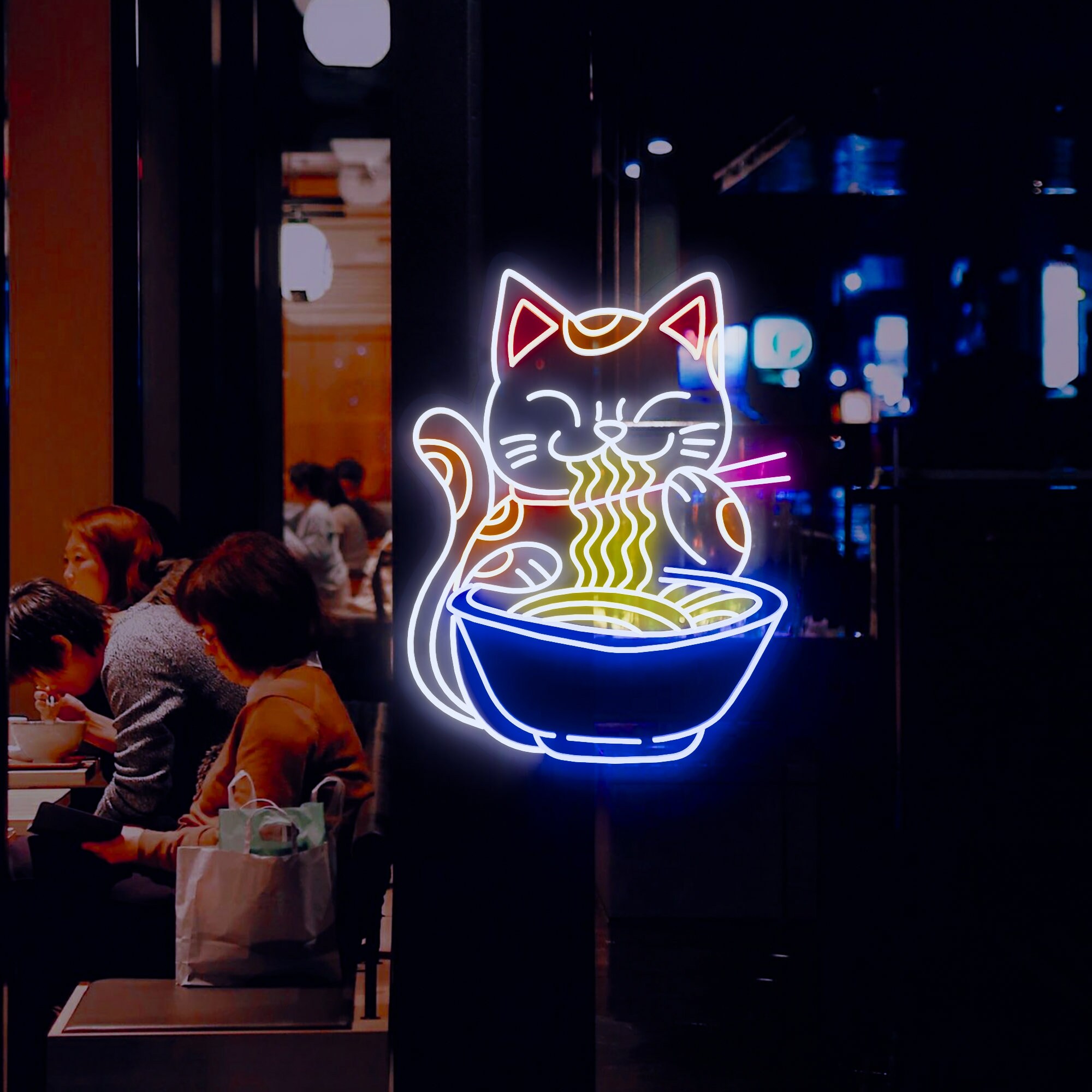幸運のラーメン猫ネオンサイン | アニメラッキーキャット日本の麺
