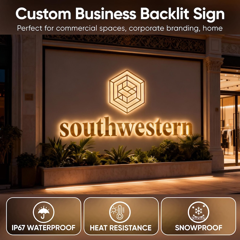 May include: A custom business backlit sign with the word "southwestern" in gold lettering. The sign features a geometric logo and is illuminated with warm lighting. The sign is waterproof, heat resistant, and snowproof.