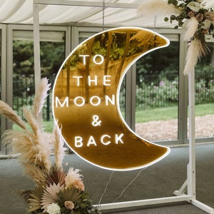 To The Moon and Back Neon Sign,Gold Mirror Moon Decor For Wedding,Custom Wedding LED Neon Light,Engagement Party Backdrop Decoration