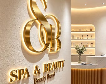 May include: A wall-mounted sign featuring a large, metallic gold monogram of the letters SB, with the text SPA & BEAUTY and Beauty Brand positioned below. The letters have a brushed finish and are illuminated from behind with a warm glow.