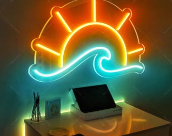 Letrero de neón con diseño de atardecer y amanecer, sol en el mar, luz de neón, olas del amanecer, letreros de neón para decoración de pared, dormitorio, sala de estar, letrero de neón, arte de neón