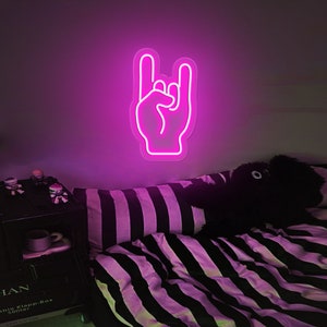 Rock On Hand Neon Sign|Kid Room Flex Silicone LED Neon Sign|Music Gesture Neon Sign| Heavy Sign Wall Art|Band Personalized Gift/Wall Decor