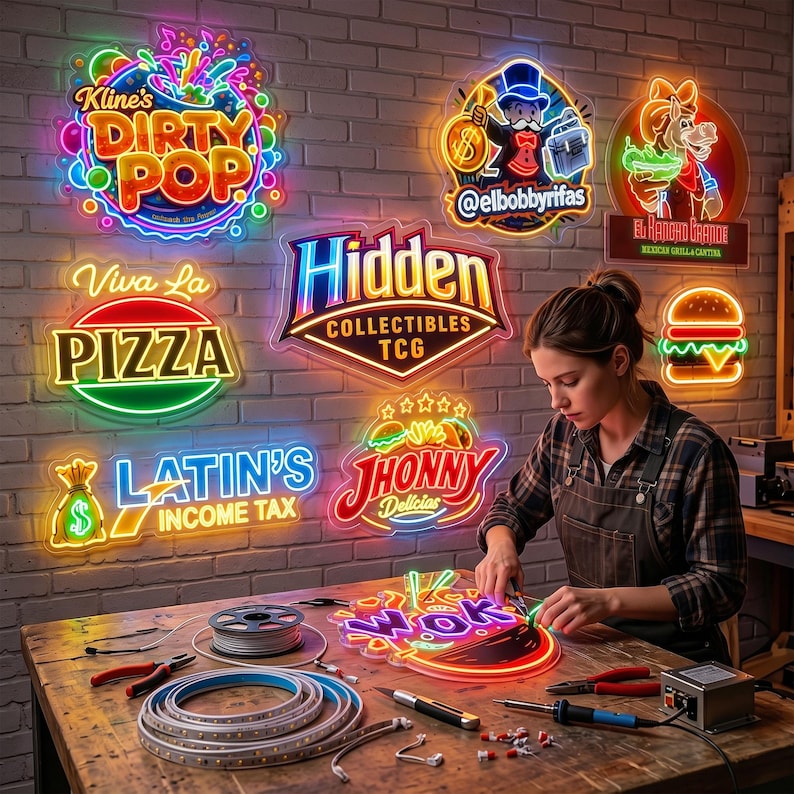 May include: A collection of neon signs mounted on a brick wall, including designs for Kline's Dirty Pop, Hidden Collectibles TCG, Viva La Pizza, Latin's Income Tax, Jhonny Delicias, and El Rancho Grande, with a Wok sign being assembled on a workbench.