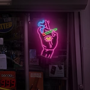 Insegna al neon a LED per fumo, mano fumatrice con luce al neon per occhi, insegna al neon a LED, insegna bar personalizzata, decorazione a LED per negozi di fumo, decorazione con luce al neon per finestre