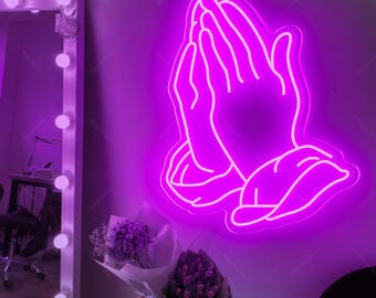 Praying Hand Art Neon Sign,Praying Hand Craft Religious gift, Hand of God Neon Sign,Jesus Sign Neon Wall Decor, Pray on it Christian Gift