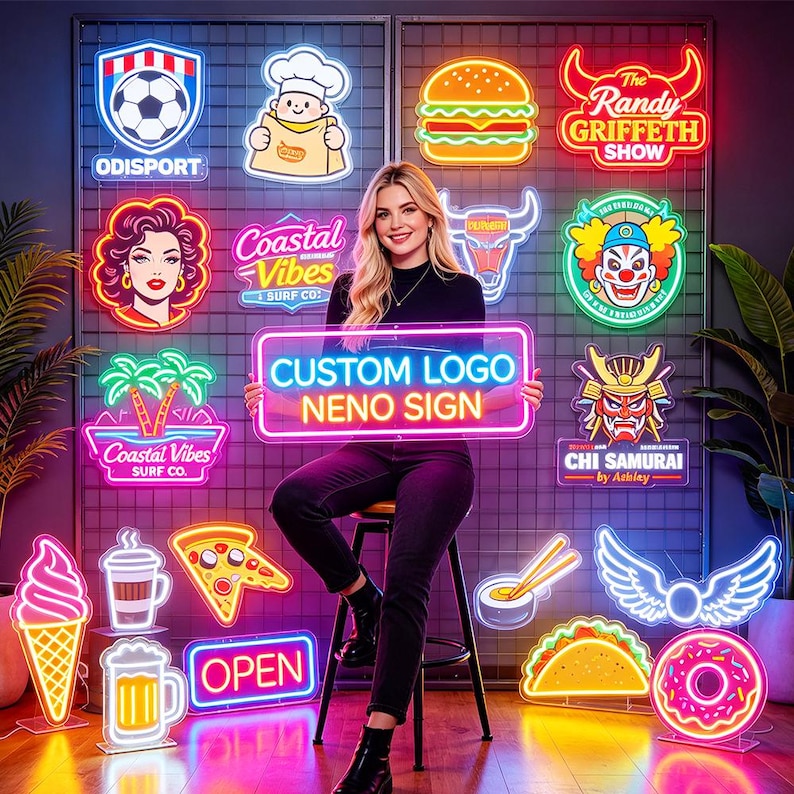 May include: A collection of various neon signs featuring designs like a soccer ball, chef, burger, clown, samurai, pizza, taco, donut, and ice cream. A rectangular sign in the center displays the text CUSTOM LOGO NENO SIGN in bright neon.