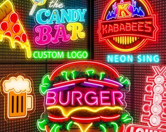 Könnte beinhalten: Eine Sammlung von Neonschildern mit einem Pizzastück, einem Lutscher, dem Text the CANDY BAR, einem runden KABABEES-Logo, einem Bierkrug, einer Burger-Grafik mit dem Wort BURGER und einem VOODOO LOUNGE-Schild vor einem dunklen Gitterhintergrund.