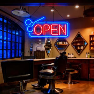 Hair Salon Open Neon Sign|Open with Scissors Decoration|Flex Silicone LED Neon Sign|Barber Shop Open Neon Sign|Custom Shop Logo Led Sign