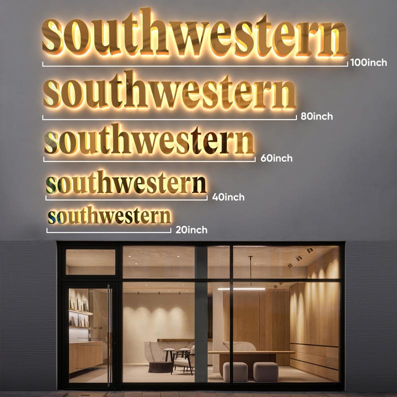 May include: Gold-colored illuminated "southwestern" sign in multiple sizes: 100-inch, 80-inch, 60-inch, 40-inch, and 20-inch. The signs are mounted above a storefront with large glass windows and a modern interior.