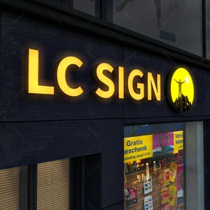 Letrero LC, Letrero iluminado personalizado, Letrero comercial, Letrero iluminado con halo, Letrero con logotipo LED para escaparate, Letrero de marca, Letrero iluminado, Letrero personalizado