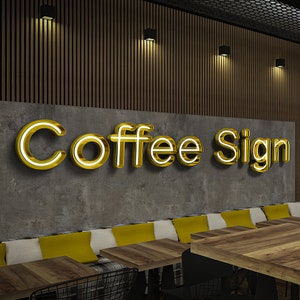 Placa de café | Placa de logotipo de parede de loja de café personalizada | Placa de negócios | Placa de letra de luz de néon personalizada | Placa de recepção, letras de luz LED UP