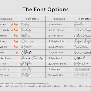 May include: A chart titled The Font Options listing twenty numbered styles with corresponding names and visual examples. Some entries feature flame icons. A notice at the bottom details character limits for sizes from 20 to 50 inches.
