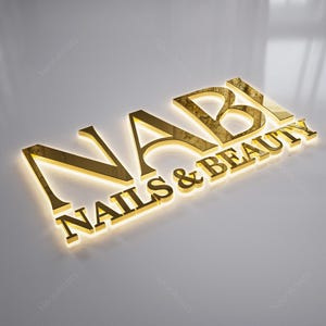 Letrero retroiluminado personalizado, letrero con letras metálicas, letrero con logotipo dorado, letrero con letras 3D retroiluminadas, letrero para salón de belleza, letrero cortado con láser para vestíbulo, letrero para dentista.