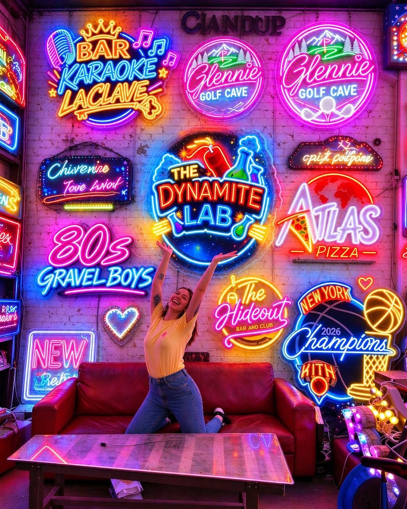 May include: A wall covered in various colorful neon signs including text such as Bar Karaoke LaClave, The Dynamite Lab, Atlas Pizza, 80s Gravel Boys, and New York Champions 2026, positioned above a red leather sofa and a rectangular table.